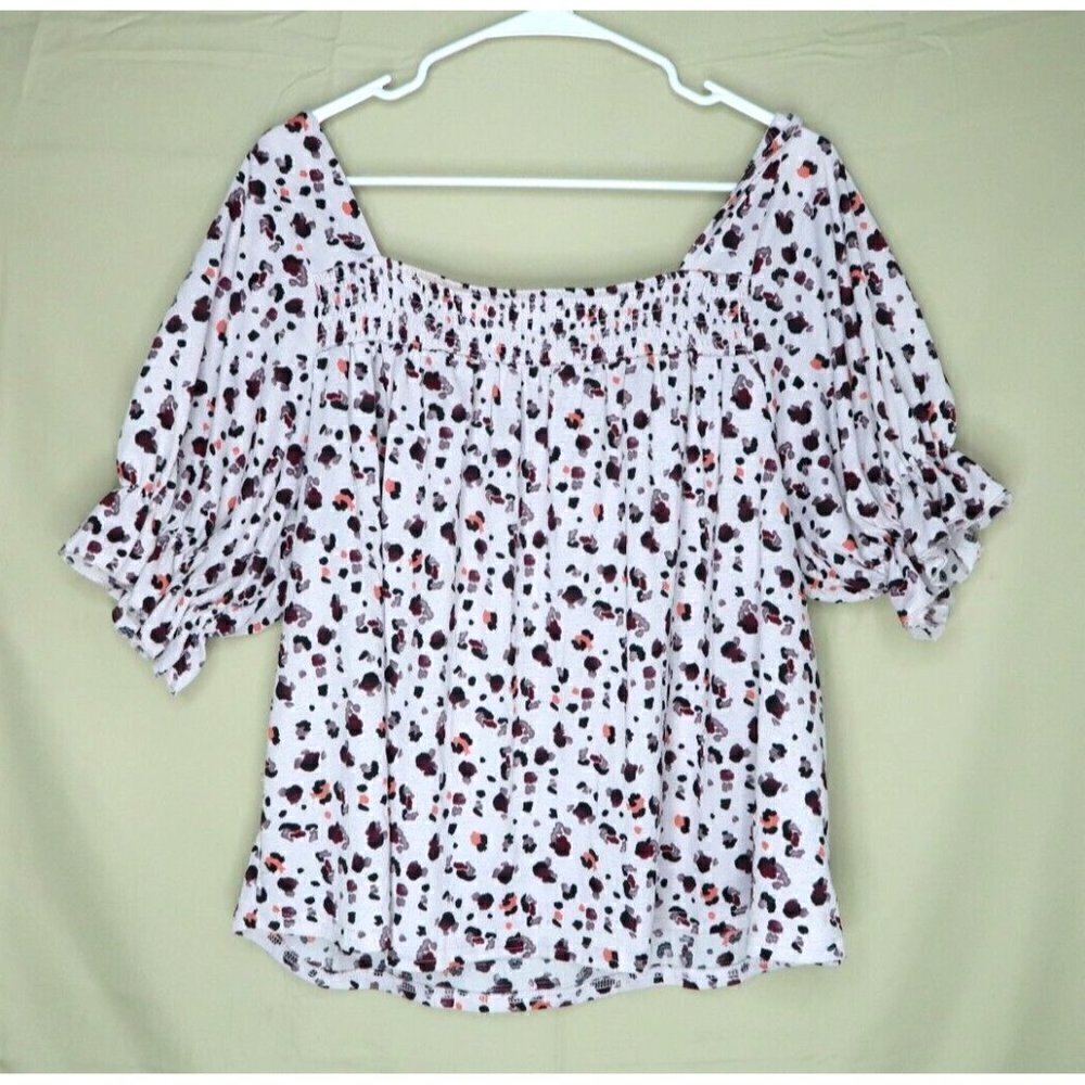 Melloday Purple Square Neck Blouse Floral Print Flutter Sleeves Womens Sz Large